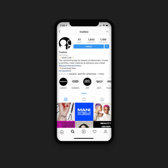 A screenshot of the Tradiies's Instagram profile, it looks fun and exciting